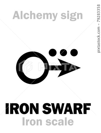 Alchemy Alphabet: IRON SWARF / IRON SCALE, Iron flake, iron dross, iron slug. Also: Pig Iron. Alchemical sign, Medieval symbol. Alchemy Alphabet: IRON SWARF / IRON SCALE, Iron flake, iron dross, iron slug. Also: Pig Iron. Alchemical sign, Medieval symbol. 79283358