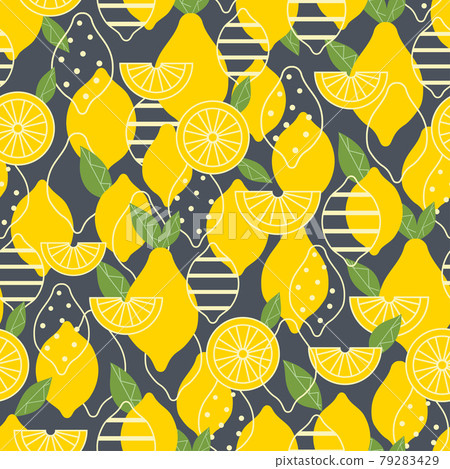 Lemon summer fruit with ornament and slice seamless pattern on background. 79283429