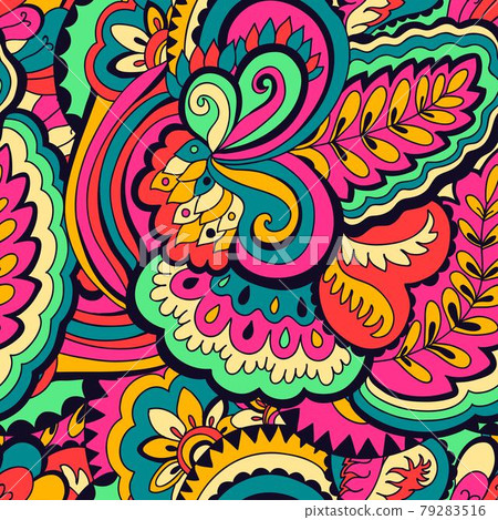 Seamless psychedelic pattern with crazy colorful ornamental elements. Seamless psychedelic pattern with crazy colorful ornamental elements. 79283516