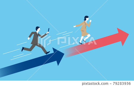 一位經理傳遞接力棒和一個女人接過它的插圖, 一個箭頭, 業務繼承的圖像, 藍色背景, 矢量素材 79283936