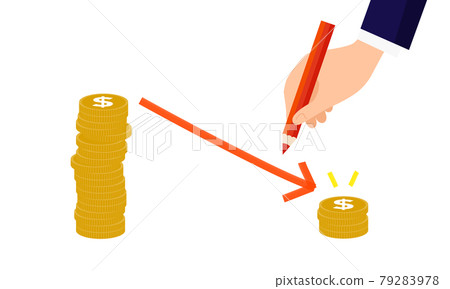 降低成本概念圖，手拿錢和鉛筆，白色背景，矢量圖 79283978
