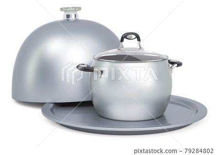 Restaurant cloche with stainless steel stock pot with glass cover, 3D rendering Restaurant cloche with stainless steel stock pot with glass cover, 3D rendering 79284802