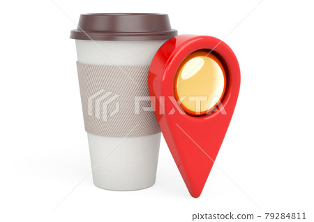 Map pointer with hot drink, 3D rendering 79284811