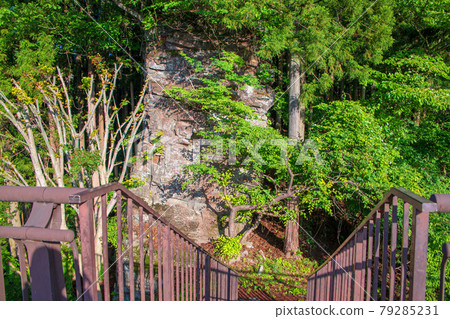 Usui Lake Sakamoto Dam Strange rock seen from Yumenose Bridge Early summer surrounding scenery 79285231