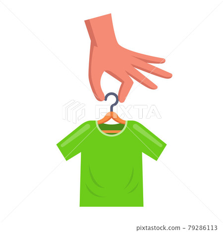man is holding a hanger with a green t-shirt. man is holding a hanger with a green t-shirt. 79286113