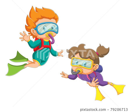 The boy and girl is using the diving wear and flippers The boy and girl is using the diving wear and flippers 79286713
