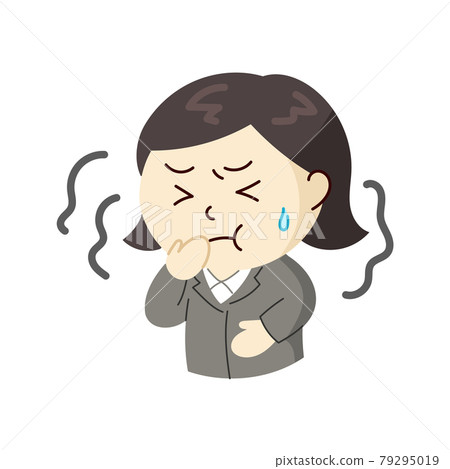A woman in a suit who feels uncomfortable and is likely to vomit 79295019