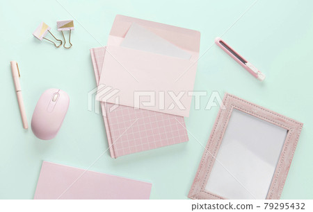 flat lay pink book and stationery 79295432