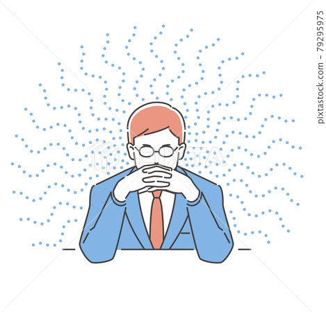Business person, a man who thinks with his fingers crossed in front of his face, three colors on the front Business person, a man who thinks with his fingers crossed in front of his face, three colors on the front 79295975
