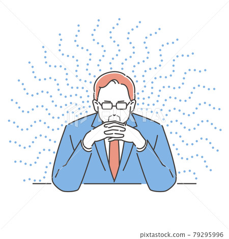 Business person, a man who thinks with his fingers crossed in front of his face, three colors on the front Business person, a man who thinks with his fingers crossed in front of his face, three colors on the front 79295996