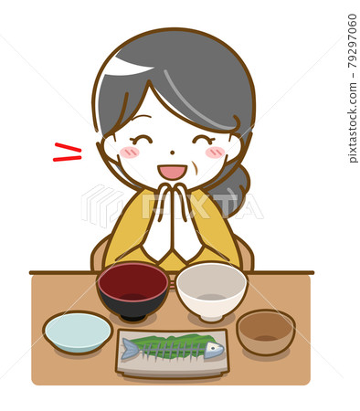 Middle-aged woman who finished eating happily 79297060