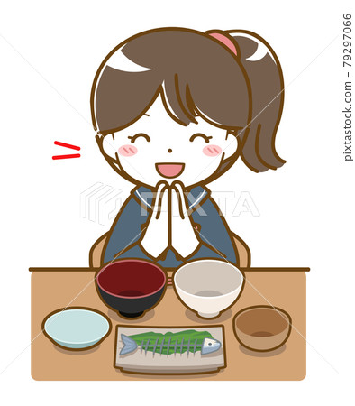 愉快地吃完的女學生 79297066