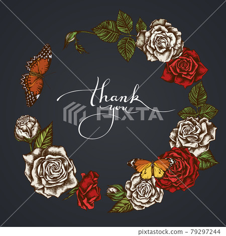 Dark Floral Wreath of red lacewing, plain tiger, roses 79297244