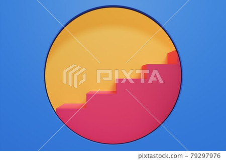 Round window and red stairs. 3D illustration Round window and red stairs. 3D illustration 79297976