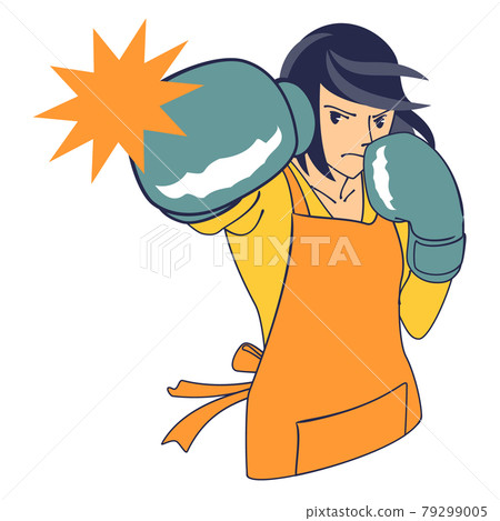 一個穿著圍裙的女人戴著手套和拳打腳踢 79299005