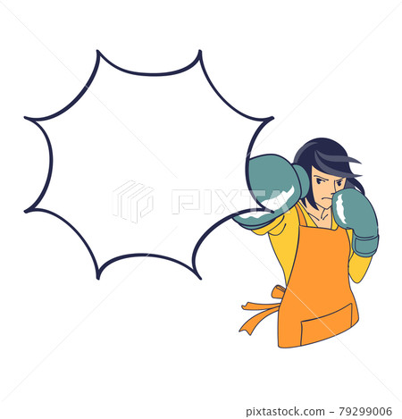 一個穿著圍裙的女人戴著手套和拳打腳踢 79299006