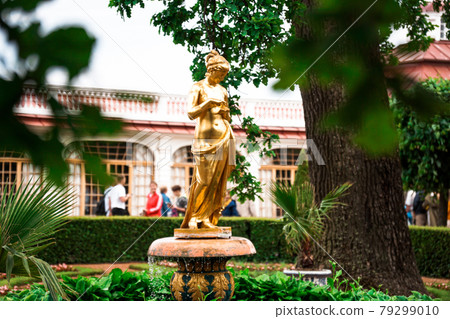 Monplaisir garden with a golden statue in Peterhof 79299010