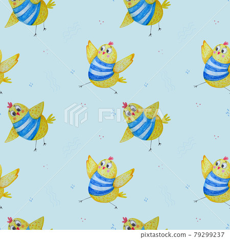 Seamless pattern. Cute funny yellow birds in striped sea vests. Chicks sailors on light blue background. Watercolor illustration. Childrens collection for design, decor, textile and print 79299237