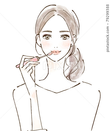 A woman who applies lip gloss, a young woman who remakes her makeup 79299388