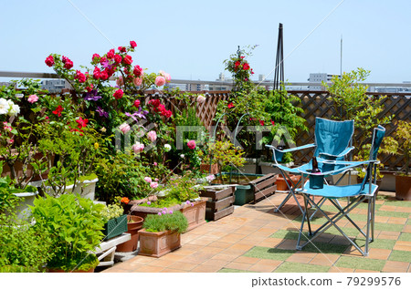 A wonderful holiday in the living room outside the roof balcony in full bloom under the blue sky 79299576