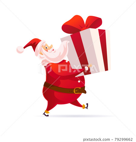 Funny Santa Claus character carry big gift box isolated. Vector flat cartoon illustration. 79299662