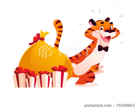 Vector flat cartoon illustration of new year and merry Christmas mascot tiger funny character in Santa hat with xmas presents isolated. Vector flat cartoon illustration of new year and merry Christmas mascot tiger funny character in Santa hat with xmas presents isolated. 79299663