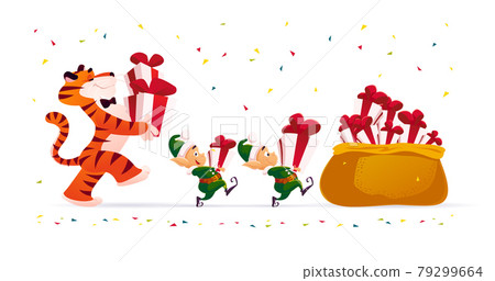 Merry Christmas illustration with tiger and little Santa elves carry xmas presents isolated. 79299664