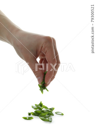 Female hand sprinkle chopped green onion, isolated on white background Female hand sprinkle chopped green onion, isolated on white background 79300521