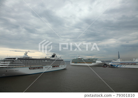 St. Petersburg harbor bustling with cruise ships from around the world 79301810