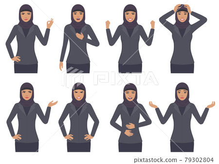 arabic businesswoman expressions with hands gesture 79302804
