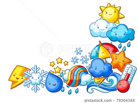 Background with cute kawaii weather items. Funny seasonal child illustration. Background with cute kawaii weather items. Funny seasonal child illustration. 79304388