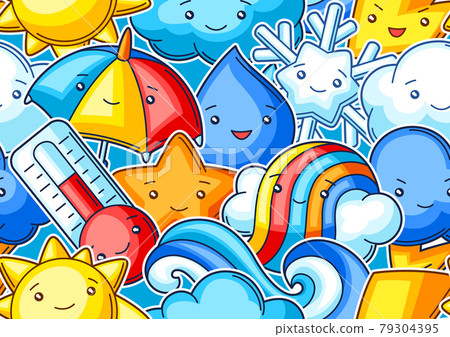Seamless pattern with cute kawaii weather items. Funny seasonal child illustration. 79304395