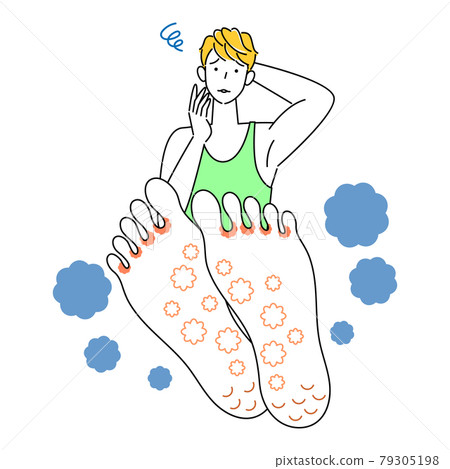 Skin care Cute man who is sad because his feet are athlete's foot Up illustration vector of the soles of his feet 79305198