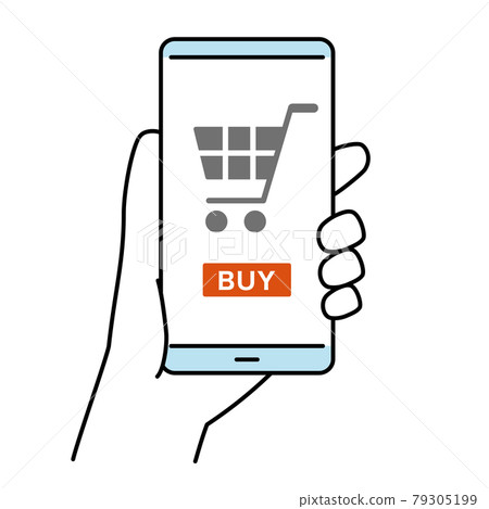 智能手機在購買屏幕上的插圖 購物車 線描顏色 智能手機在購買屏幕上的插圖 購物車 線描顏色 79305199