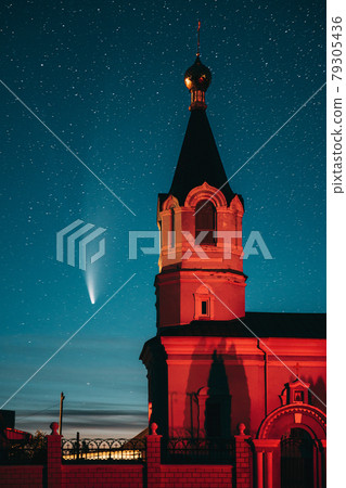 Korma Village, Dobrush District, Belarus. Comet Neowise C2020f3 In Night Starry Sky And St. John The Korma Convent Church In Korma Village. Famous Orthodox Church And Historic Heritage Korma Village, Dobrush District, Belarus. Comet Neowise C2020f3 In Night Starry Sky And St. John The Korma Convent Church In Korma Village. Famous Orthodox Church And Historic Heritage 79305436