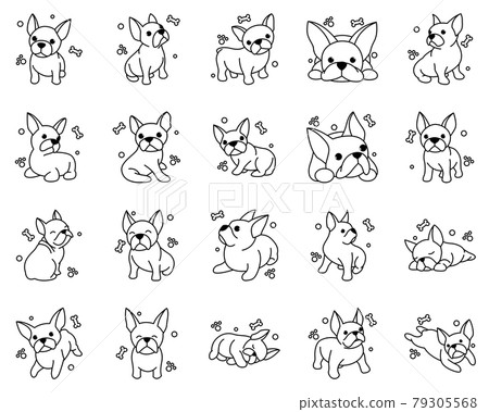 Black line vector illustration icon set cartoon on a white background of cute French Bulldog. Black line vector illustration icon set cartoon on a white background of cute French Bulldog. 79305568