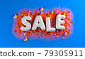 sale bright glossy letters on a blue abstract background with colorful spheres and mountains. 3d illustration 79305911
