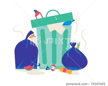 Unsorted trash. Cartoon metal container with garbage. Overflowing dumpster and rubbish bag. Piles of plastic and paper waste. Stinking dump. Littered dirty city. Vector illustration Unsorted trash. Cartoon metal container with garbage. Overflowing dumpster and rubbish bag. Piles of plastic and paper waste. Stinking dump. Littered dirty city. Vector illustration 79305985