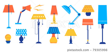 Interior lamp. Cartoon light decorative elements. Table and floor lighting. Modern or retro lampshades. Isolated furniture. Electric torcheres collection. Vector room illumination set 79305998