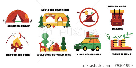 Camp adventure. Doodle emblems and logos with caravan and campfire, camping tent or backpack. Car for nature travel. Hiking boots. Tourist signs collection. Vector cartoon badges set 79305999