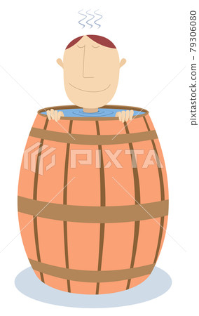 Man sits in the wooden cask filled up with water illustration. Man gets a pleasure from bathing in the big wooden tun with water isolated on white 79306080
