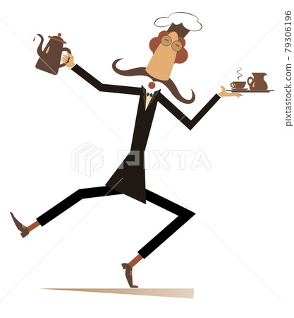 Mustache comic cook illustration. Mustache cook carries a tray with coffee or tea cup and cream in one hand and a tea or coffee pot in another isolated on white Mustache comic cook illustration. Mustache cook carries a tray with coffee or tea cup and cream in one hand and a tea or coffee pot in another isolated on white 79306196