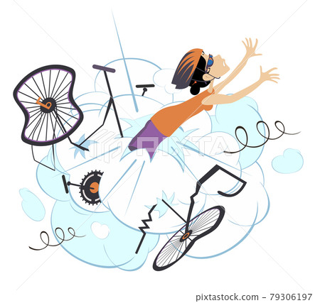Cyclist woman falling down from the bicycle illustration. Cyclist woman falling down from the bicycle isolated on white Cyclist woman falling down from the bicycle illustration. Cyclist woman falling down from the bicycle isolated on white 79306197