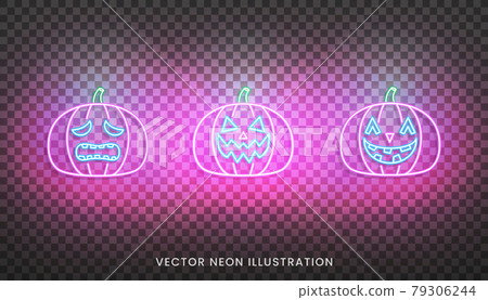 Halloween pumpkins neon sign. Set of bright Jack O Lantern for Halloween 79306244