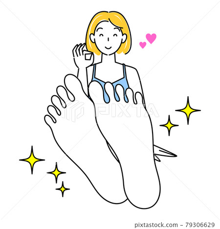 Skin care A cute woman who is happy to get rid of skin problems on the soles of her feet. Illustration vector of the soles of her feet. 79306629