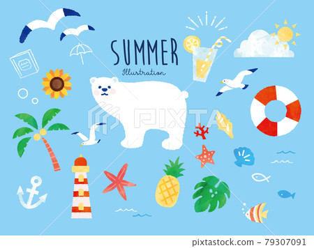 時尚可愛的夏季主題水彩插圖：手寫、熱帶、熱帶、夏威夷、旅行、向日葵、北極熊 79307091