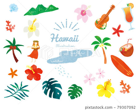 時尚可愛的夏季主題插圖：手寫、熱帶、阿羅哈、夏威夷、旅行、草裙舞、尤克里裡 79307092