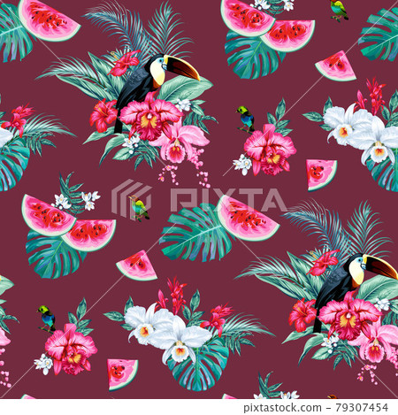 Seamless pattern with tropical flowers and birds 79307454
