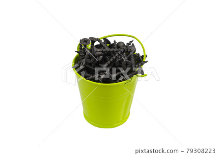 A full bucket of black screws on a white background. A full bucket of black screws on a white background. 79308223