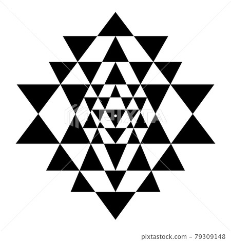 Triangles of Shri Yantra, also called Sri Yantra or Shri Chakra. Forty three black triangles of a mystical Hindu diagram, with the central point Bindu, that represent the center of the cosmos. Vector. Triangles of Shri Yantra, also called Sri Yantra or Shri Chakra. Forty three black triangles of a mystical Hindu diagram, with the central point Bindu, that represent the center of the cosmos. Vector. 79309148